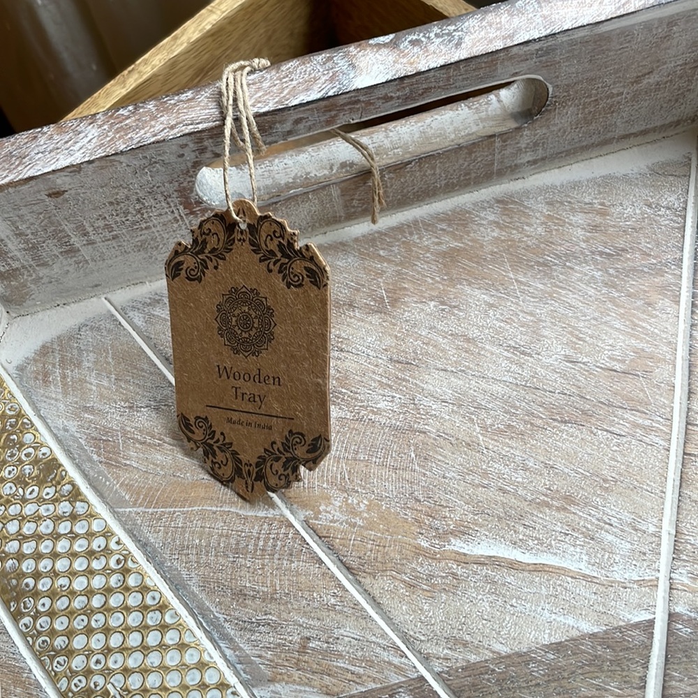 Unique Octagonal Distressed Natural Wooden Tray with Gold Accents ๐NWT! - Picture 15 of 16